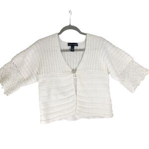 White Cable & Gauge V-Neck Knit Short Sleeve One Button Cardigan Sweater Size LG